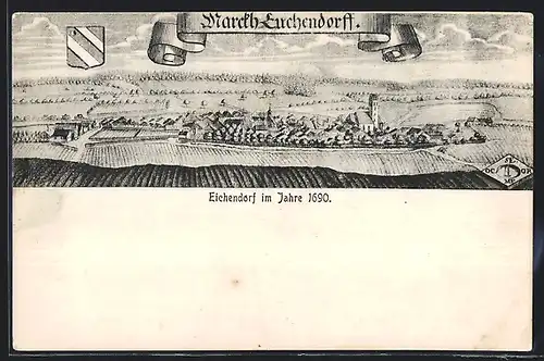 Künstler-AK Eichendorf, Historische Ansicht von 1690, mit Wappen