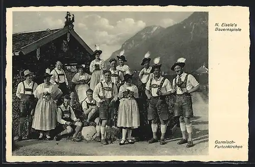 AK Garmisch-Partenkirchen, N. Eisele`s Bauernspiele, Gruppenbild Trachtenkapelle