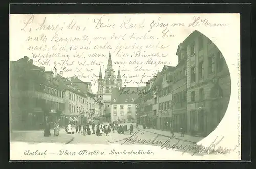 AK Ansbach, Strasse am Oberen Markt und Gumbertuskirche