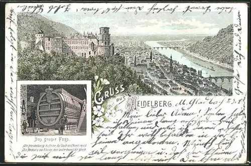 Lithographie Heidelberg, Das grosse Fass, Ortsansicht
