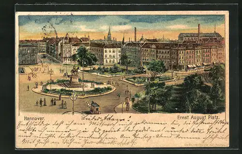 Lithographie Hannover, Ernst August Platz mit Denkmal