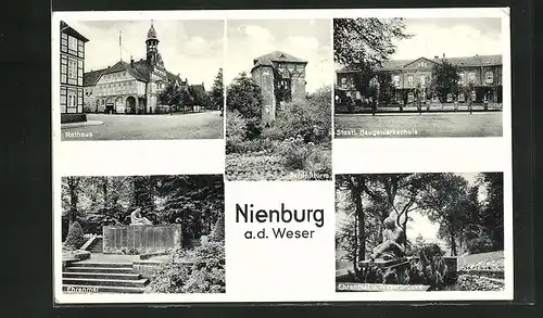 AK Nienburg a.d. Weser, Rathuas, Staatl. Baugewerkschule, Ehrenmal, Ehrenmal u. Weserbrücke