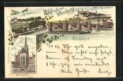 Lithographie Würzburg, Das Käppele, Marienkirche, Mainbrücke und Festung