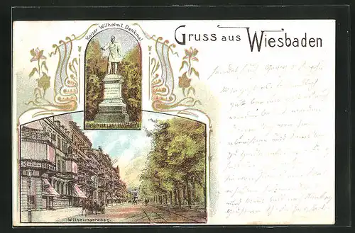 Lithographie Wiesbaden, Kaiser Wilhelm I. Denkmal, Wilhelmstrasse