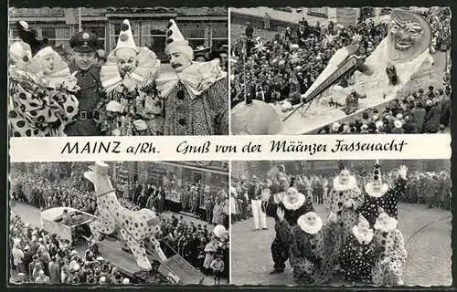AK Mainz a / Rh. Gruss von der Määnzer Fassenacht, Umzugswagen, Pierrots, Wachmann