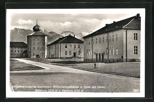 AK Sonthofen, Karpathenkaserne, Wirtschaftsgebäude und Turm mit Iseler, Geishorn und Rauhorn