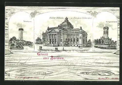 Lithographie Barmen, Kaiser Wilhelm- und Friedrich-Ruhmeshalle, Töllethurm