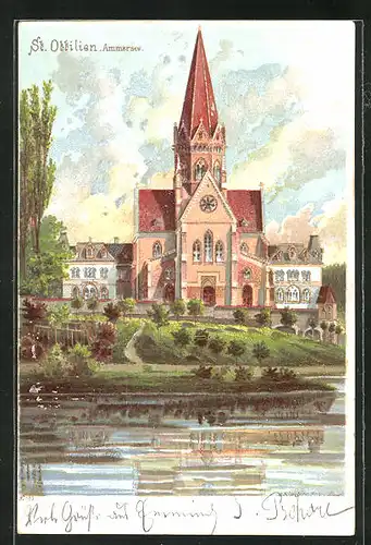 Lithographie St. Ottilien / Ammersee, Kirche vom See betrachtet
