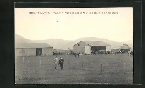 AK Amberieu-Avation, Vue generale des hangars et les collines d`Amberieu