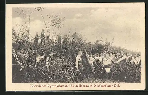 AK Gütersloh, Gymnasiasten fällen Holz zum Oktoberfeuer 1913