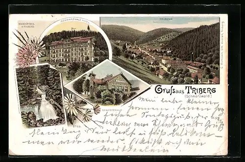 Lithographie Triberg /Schwarzwald, Schwarzwald-Hotel, Gewerbehalle, Wasserfall