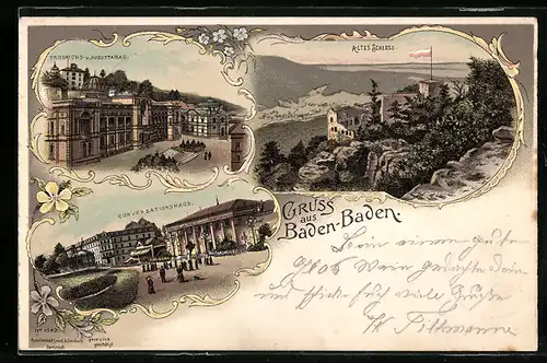 Lithographie Baden-Baden, Friedrichs- und Augustabad, Conversationshaus, Altes Schloss
