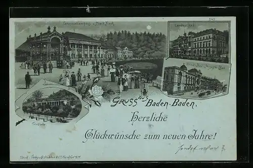 Lithographie Baden-Baden, Conversationhaus-Musik Kiosk, Trinkhalle und Landes-Bad