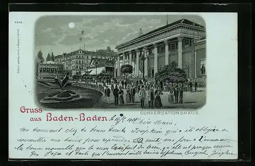 Lithographie Baden-Baden, reges Treiben am Conversationshaus