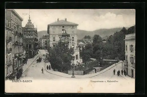 AK Baden-Baden, Langestrasse u. Kaiserallee mit Passanten