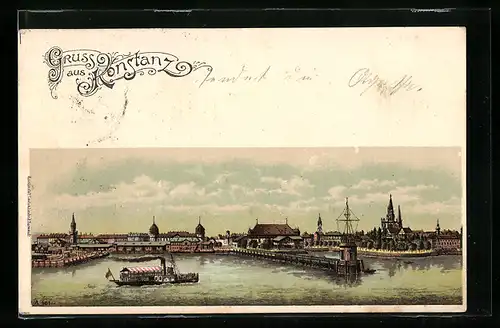 Lithographie Konstanz, Uferpartie mit Kirche und Dampfer