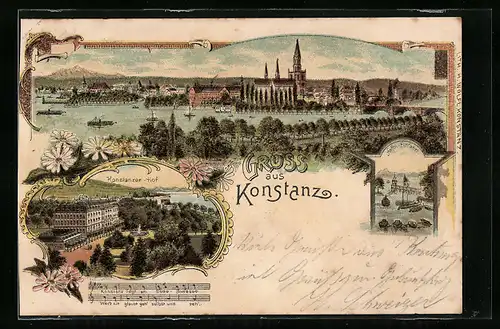 Lithographie Konstanz, Konstanzer-Hof, Hafen-Einfahrt, Gesamtansicht