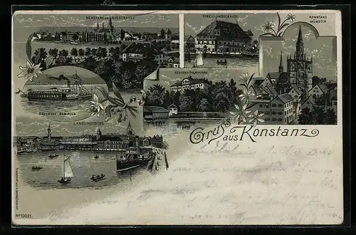 Lithographie Konstanz a. B., Münster, Landungssteg, Bodensee-Dampfer, Konziliumsgebäude, Schloss Mainau