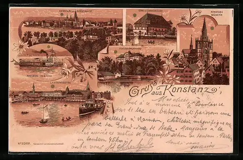 Lithographie Konstanz, Bodensee Dampfer am Landungssteg, Münster, Schloss Mainau, Concilliumsgebäude