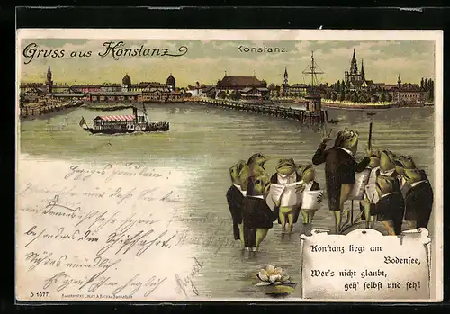 Lithographie Konstanz am Bodensee, Uferpartie mit Kirche und singenden Fröschen