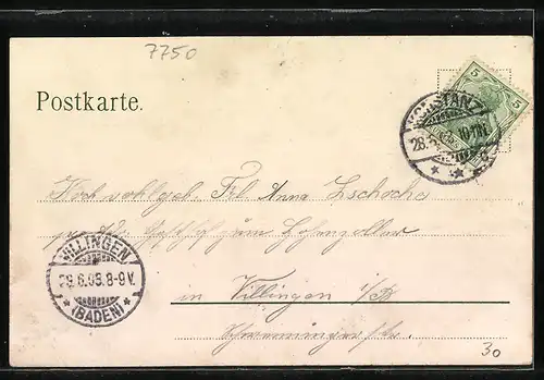 Lithographie Konstanz am Bodensee, Uferpartie mit Kirche und singenden Fröschen