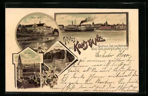 Lithographie Konstanz am Bodensee, Insel-Hotel, Münster, Mainau