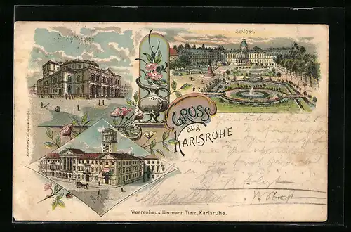 Lithographie Karlsruhe, Schloss, Hoftheater und Rathhaus