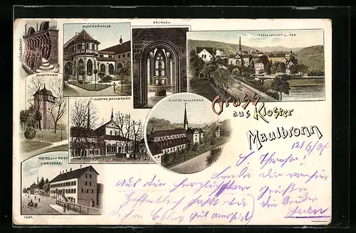 Lithographie Maulbronn, Kloster, Brunnen, Hotel zur Post, Faustthurm