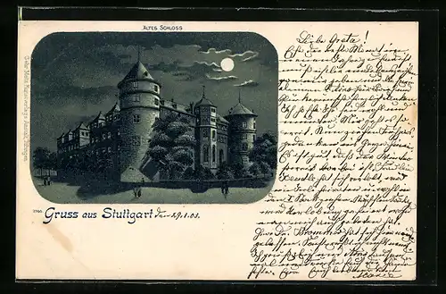 Lithographie Stuttgart, Altes Schloss bei Mondschein