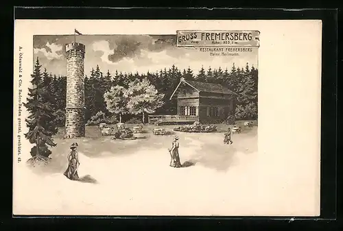 Lithographie Fremersberg, Restaurant Fremersberg mit Turm