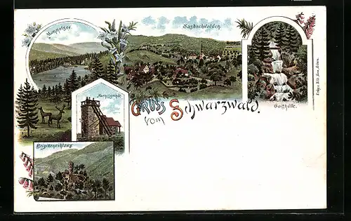 Lithographie Sasbachwalden, Ortsansicht, Gaishölle, Aussichtsturm auf der Hornisgrinde