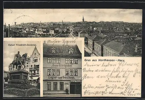 AK Nordhausen /Harz, Gasthaus zum Königshof, Kaiser Friedrich-Denkmal