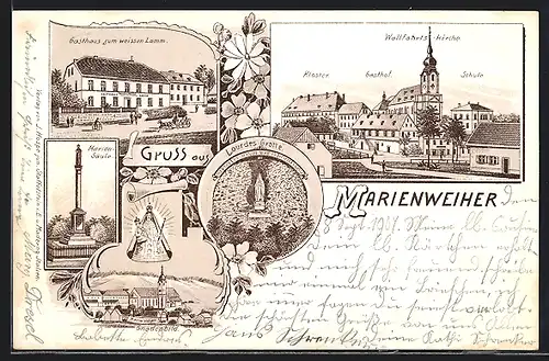 Lithographie Marienweiher, Gasthaus zum weissen Lamm, Mariensäule, Wallfahrtskirche