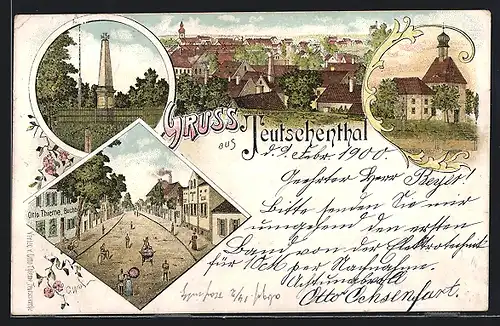 Lithographie Teutschenthal, Strassenpartie mit Buchbinderei Otto Thieme, Kirche, Kriegerdenkmal