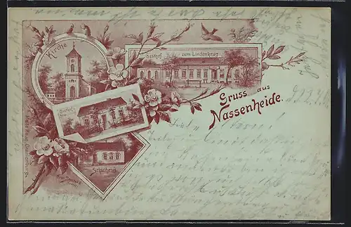 Lithographie Nassenheide, Gasthof zum Lindenkrug, Gasthof Herm. Lemke, Schulhaus