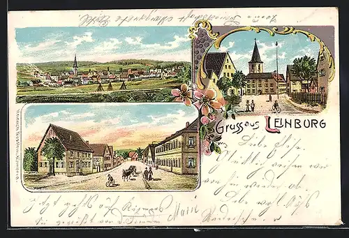 Lithographie Leinburg, Totalansicht, Strassenpartie