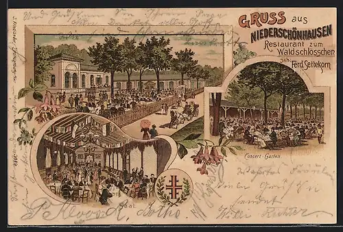 Lithographie Berlin-Niederschönhausen, Restaurant zum Waldschlösschen, Inh. Ferd. Settekorn, Aussen- und Innenansichten