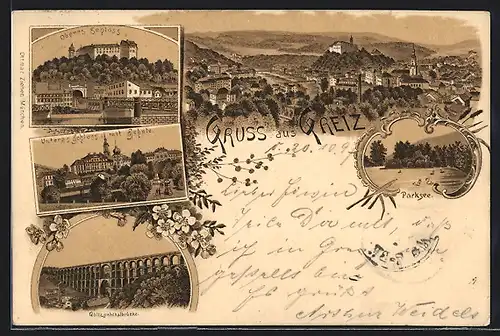 Lithographie Greiz, Unteres Schloss mit Schule, Göltzschtalbrücke, Parksee