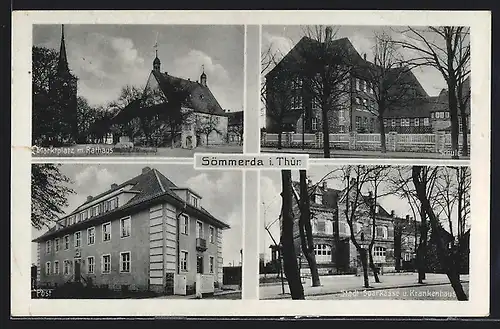AK Sömmerda i. Thür., Marktplatz mit Rathaus, Post, Stadt-Sparkasse u. Krankenhaus