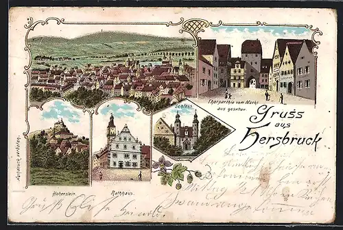 Lithographie Hersbruck, Hohenstein, Rathaus, Schloss, Torpartie vom Markt aus gesehen, Teilansicht