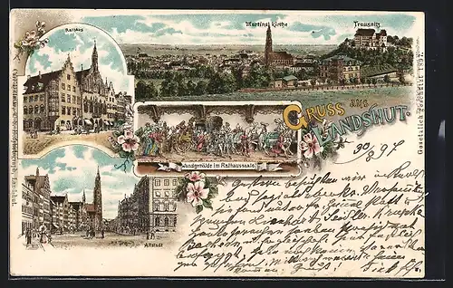 Lithographie Landshut, Martinskirche, Trausnitz, Rathaus und Altstadt