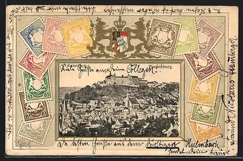 AK Kulmbach, Stadtansicht mit der Plassenburg, Briefmarken