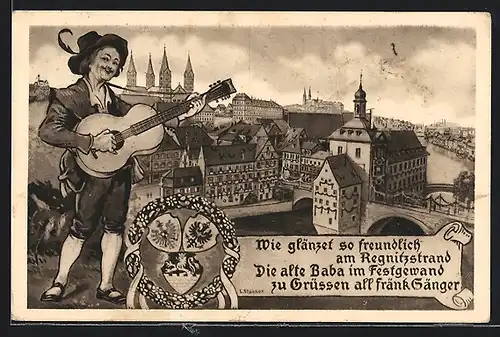 Künstler-AK Bamberg, XII. Fränkisches Sängerbundesfest 1914, Teilansicht mit Brücke und Herr mit Gitarre