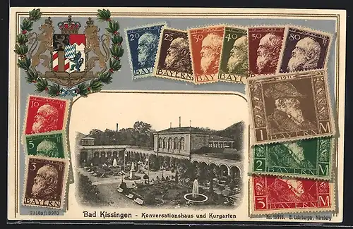 AK Bad Kissingen, Konversationshaus und Kurgarten, bayrische Briefmarken, Wappen