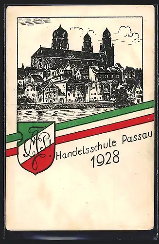 Künstler-AK Passau, Handelsschule Passau 1928, Wappen, Absolvia