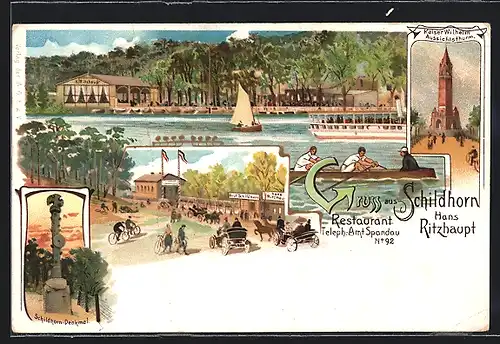 Lithographie Berlin-Grunewald, Restaurant Schildhorn Hans Ritzhaupt, Eingang, Kaiser Wilhelm-Aussichtsturm