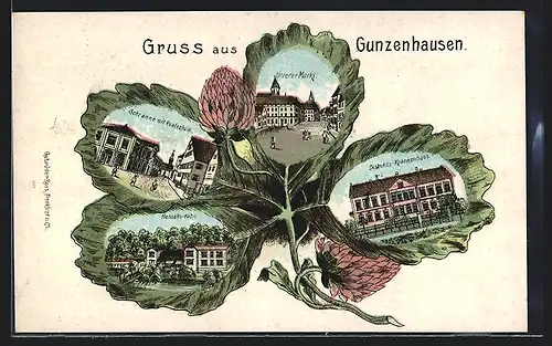 Passepartout-Lithographie Gunzenhausen, Distrikts-Krankenhaus, Hensolts-Höhe und Schranne mit Realschule im Kleeblatt