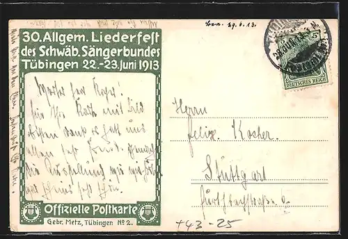 Künstler-AK Tübingen, 30. Allgemeines Liederfest des Schwäb. Sängerbundes 1913