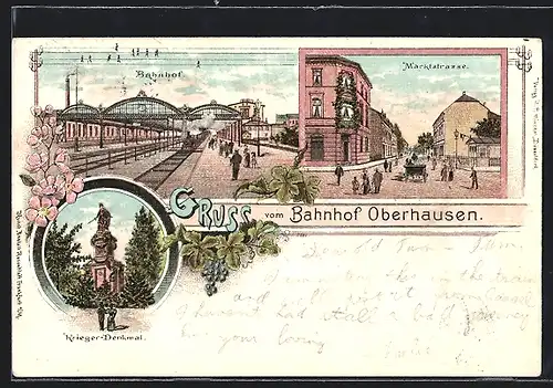 Lithographie Oberhausen, Bahnhof, Marktstrasse, Krieger-Denkmal