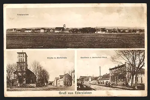 AK Edersleben, Gasthaus zum deutschen Haus, Kirche mit Dorfstrasse, Totalansicht